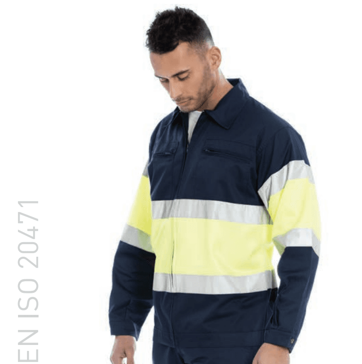 BLUSAO ALTA VISIBILIDADE FITAS REFLETORAS HOMEM - SARJA 65% POLIESTER 35% ALGODAO 200GR/M2
