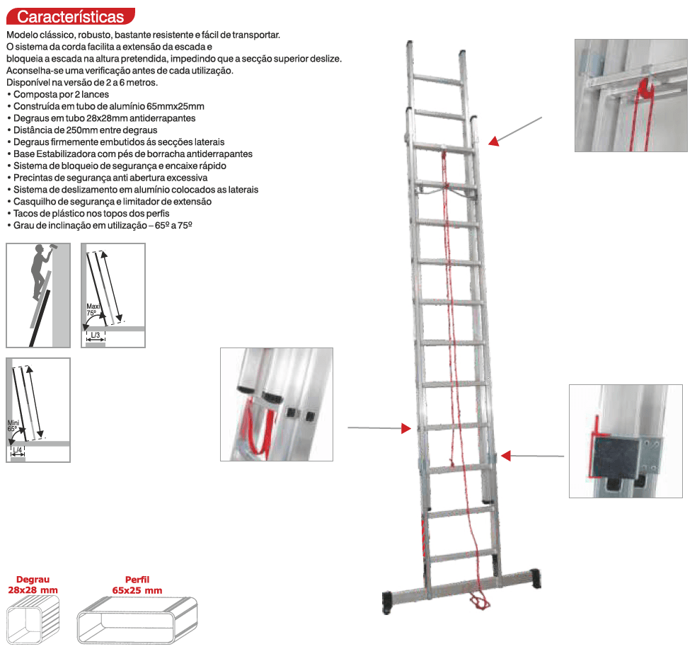 ESCADA LINHA STANDARD L66 EM ALUMINIO ESCADA DUPLA COM CORDA